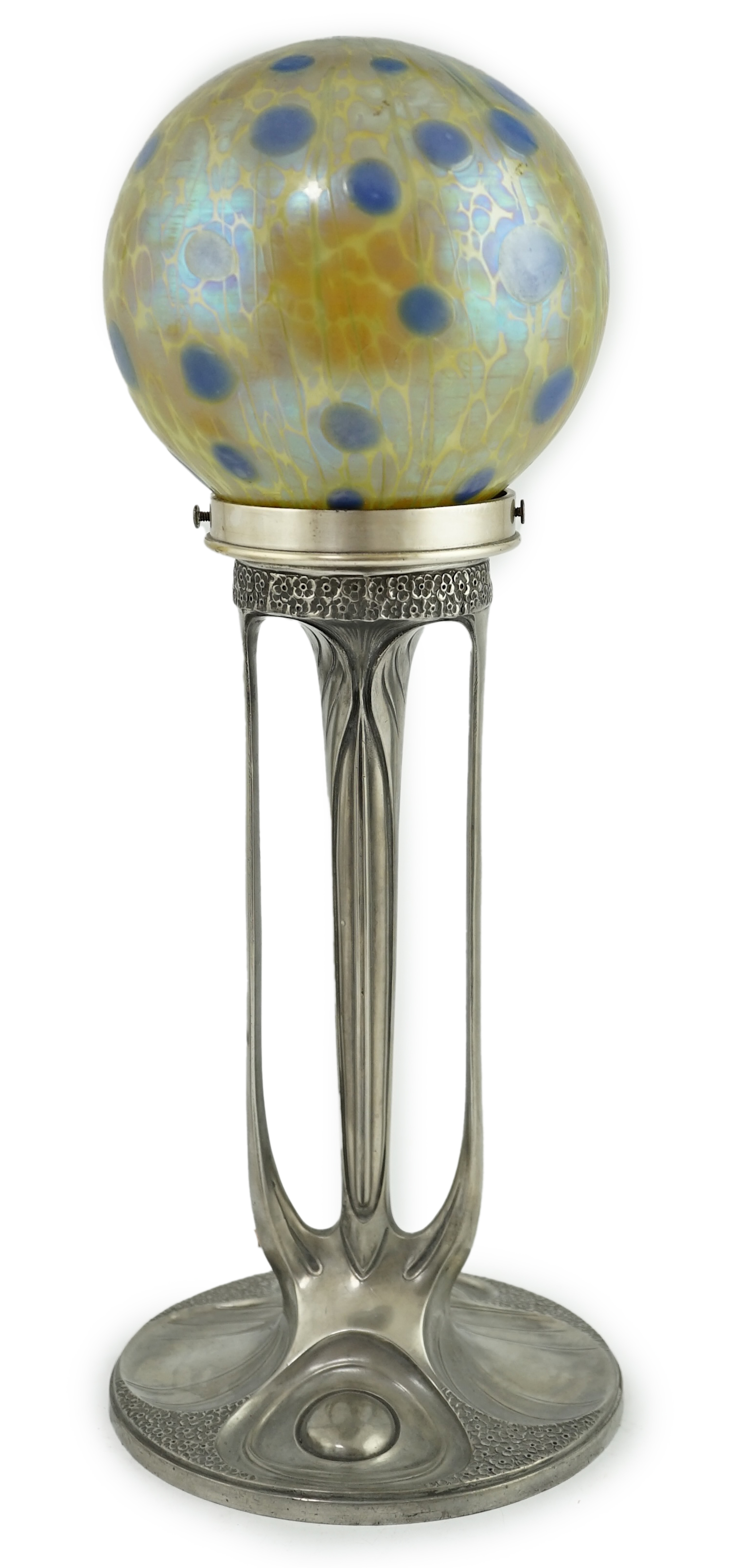 An Art Nouveau Orivit pewter table lamp with Loetz iridescent glass globular shade